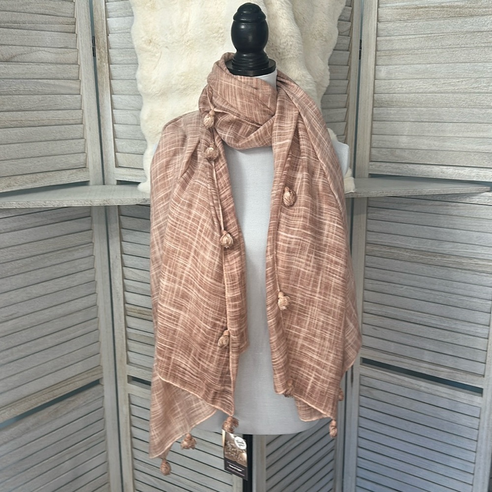 NEW•Zen Bohemian Neutral Airy Pom Accented Textured Blanket Scarf